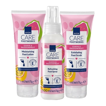 AVON Care FOOTWORKS GUAVE & PASSIONSFRUCHT 3-teiliges Set mit Fußpeeling, Fußlotion & Fußspray